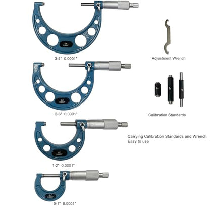 Outside Micrometer Set, MFQNENLK 0-4" Precision Machinist Tools 0.0001in Accuracy, Micrometer Measuring Tool Set, Alloy Precision Micrometer with Fitted Case (4Pcs Set) - size: 4Pcs Set