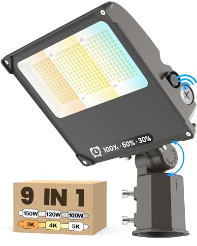 YARBO 9-in-1 LED Flood Light, 150W/120W/100W & 5000K/4000K/3000K Selectable, Timer Dimming & Dusk-to-Dawn Photocell, 22500LM IP65 Waterproof ETL Listed AC100-277V, Slip Fitter for Pole Mount Outdoor - size: 150W/120W/100W Selectable || Slip Fitter