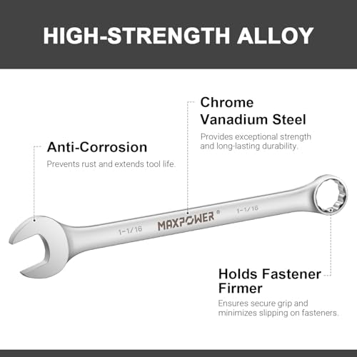 MAXPOWER 1-1/16" Combination Wrench, Industrial Grade – 12-Point Box End, Chrome Vanadium Steel, 15° Offset for Tight Spaces, SAE - size: 1-1/16 Inch