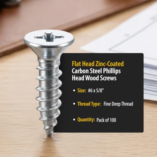 BCP Fasteners #6 x 5/8" Zinc-Plated Flat Head Wood Screws, 100 Pack - size: #6 x 5/8"