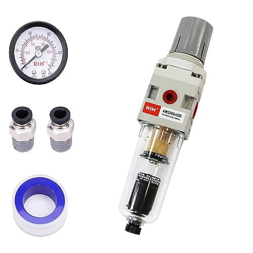 RIH 1/4" NPT Auto Drain Compressed Air Filter Regulator Combo Piggyback, 5 Micron Brass Element, Poly Bowl, Metal Bracket, 0-150 psi Gauge Air Tool Compressor Filter with Gauge (1/4" NPT) - size: 1/4"NPT Auto Drain