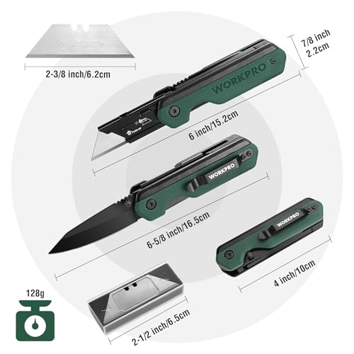 WORKPRO 2-in-1 Folding Knife/Utility Knife, Quick-Change Box Cutter with Belt Clip, Liner Lock, and G10 Handle, Extra 10 SK5 Blades Included, Green - color: Green G10