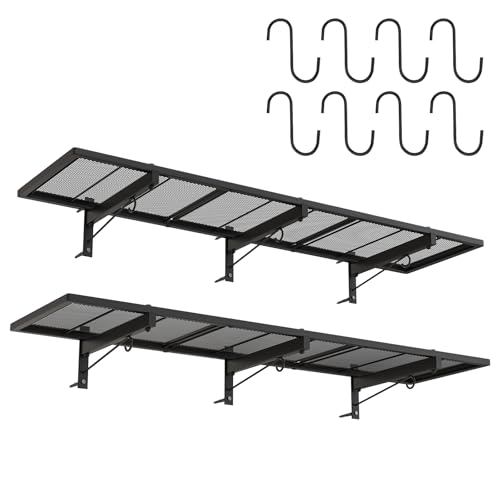 2 Pack Garage Wall Shelf, Heavy Duty Garage Shelving, 46"X 12.5" Wall Mounted Floating Shelves, Metal Hanging Storage Rack with 8 Hooks, Utility Organizer Max Load 320 LBS for Laundry Room, Workshop - size: B-2 PACK