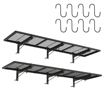 2 Pack Garage Wall Shelf, Heavy Duty Garage Shelving, 46"X 12.5" Wall Mounted Floating Shelves, Metal Hanging Storage Rack with 8 Hooks, Utility Organizer Max Load 320 LBS for Laundry Room, Workshop - size: B-2 PACK