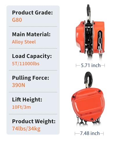 Garvee 5 Ton Hand Chain Hoist, 11000 lbs Capacity, 10 FT Lift Height, G80 - color: G80 Orange, size: 5T 10FT