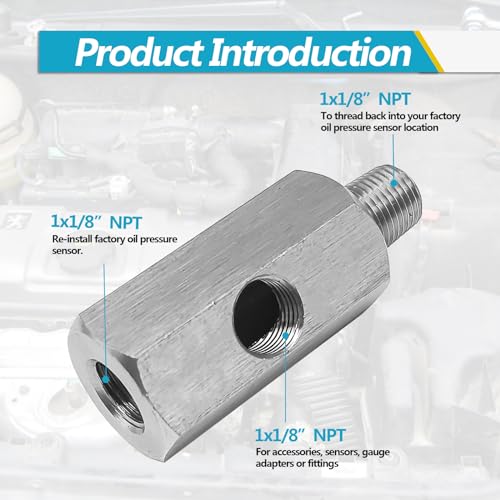 Stainless Steel Oil Pressure Sensor Adapter, With 1/8 NPT tee Oil Pressure Gauge Fitting Turbo Supply Feed line Connector for Turbo Supply Feed Line/Oil Pressure Gauge