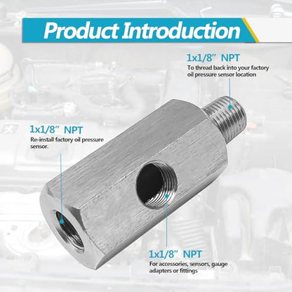Stainless Steel Oil Pressure Sensor Adapter, With 1/8 NPT tee Oil Pressure Gauge Fitting Turbo Supply Feed line Connector for Turbo Supply Feed Line/Oil Pressure Gauge
