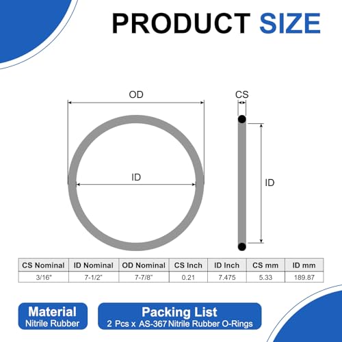 uxcell 2Pcs AS-367 Nitrile Rubber O-Rings 7-1/2" ID 7-7/8" OD 3/16" W Black - size: 7-1/2" ID 7-7/8" OD 3/16" Width