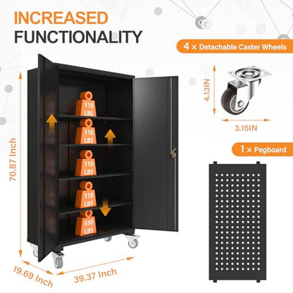 Large Metal Cabinet Two Lockable Doors Four Wheels,Four Adjustable dividers can be Used as Tool File Storage Suitable for garages Schools Gyms Offices