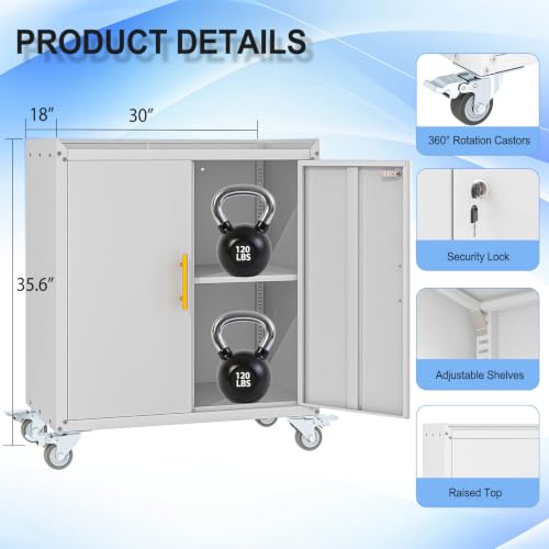 35.6" Rolling Metal Garage Storage Cabinet with Wheels & Lock, Grey White - color: Grey White, size: 18"D x 30"W x 35.6"H