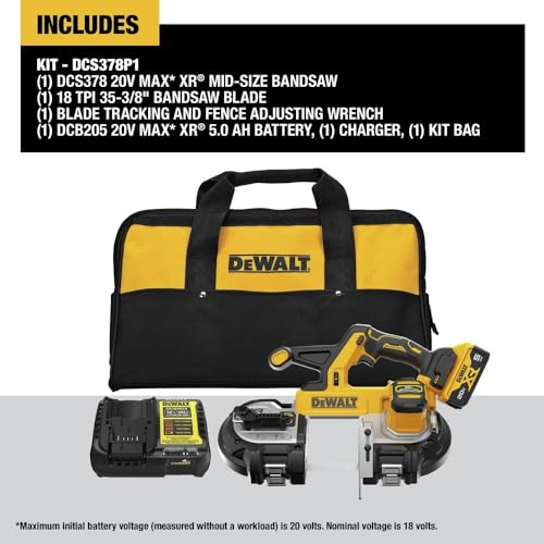 DEWALT 20V MAX XR Bandsaw, Brushless Motor, Portable and Cordless, 3-3/8 Inch Cut Capacity, 5Ah Battery and Charger Included (DCS378P1) - style: Kit with Battery