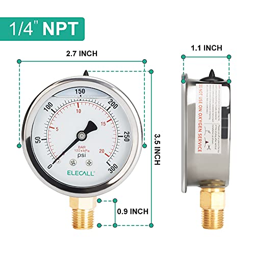 300psi Silicone Oil Filled Pressure Gauge for Water Oil Air Pressure Test in Pool Pump Sand Filter Air Compressor Water System, 2-1/2" Stainless Steel Case, Lower Mount 1/4" NPT - size: 0-300 Psi, style: Lower Mount