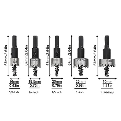 ChgImposs 5Pcs 16-30mm 5/8-Inch to 1-3/16 Inch HSS Hole Saw Cutter, Drill Bits Set Heavy Duty Tool Kit for Stainless Steel, Aluminum Alloy, Plastic and Wood