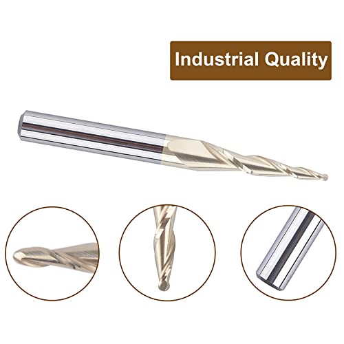 SpeTool Tapered Ball Nose End Mill 1/4" Shank with 1/32" Cutting Radius for 3D Carving Engraving Router Bit, ZrN Coated - size: Dia.=1/16