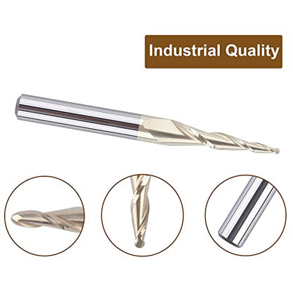 SpeTool Tapered Ball Nose End Mill 1/4" Shank with 1/32" Cutting Radius for 3D Carving Engraving Router Bit, ZrN Coated - size: Dia.=1/16