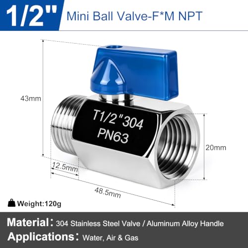 Mini Ball Valve 1/2" NPT Shut Off Valve 304 Stainless Steel Mini Ball Valves F*MNPT Mini Shut Off Valves for Water Gas Fuel Drip Irrigation Aquariums - size: 0.5 Inch