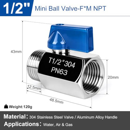 Mini Ball Valve 1/2" NPT Shut Off Valve 304 Stainless Steel Mini Ball Valves F*MNPT Mini Shut Off Valves for Water Gas Fuel Drip Irrigation Aquariums - size: 0.5 Inch