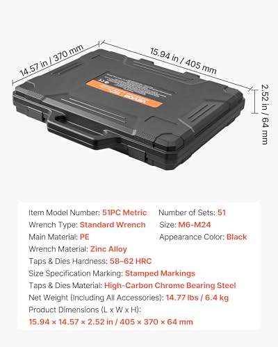VEVOR Tap and Die Set, 51-Piece Metric Sizes M6 to M24, with Coarse and Fine Thread Taps and Dies, Wrench, Carrying Case and Complete Accessories, Bearing Steel, for Threading and Rethreading Threads - size: Large-51pcs-Metric