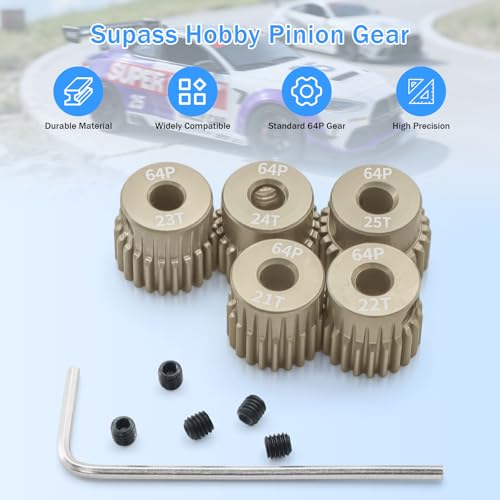 Surpass Hobby 64DP Pinion Gear 3.175mm 21T 22T 23T 24T 25T Motor Gears for 1/10 RC Car Brushed Brushless Motor Parts - size: 21T 22T 23T 24T 25T