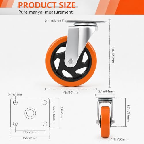 4 Inch Heavy Duty Casters Set of 4, 4 Swivel, Orange PU