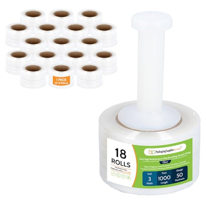 PSBM Mini Stretch Film/Wrap with Plastic Handle 3" x 1000' 50 GA 18 Rolls - size: 3 Inch, style: 50 GA