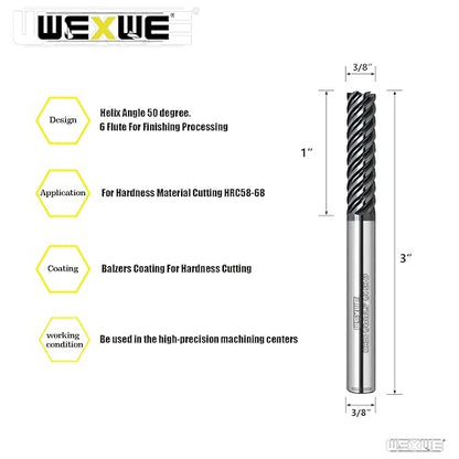 Tools Extra Long Carbide End Mills,6 Flute Square Milling Cutter，High Helix Angle for High Hardness Steel Finshing Milling Processing - 3/8 Shank (3/8-3.0" 1PCS) - size: EXL 3/8-3" 6F 1PC