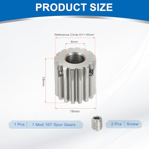 uxcell 1 Mod 16T Spur Gear 8mm Bore, 304 Stainless Steel Pinion Gear - size: 1 Mod 16T, 8mm