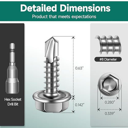 100Pcs #8 x 5/8" Sheet Metal Screws, 410 Stainless Steel Self Drilling Hex Washer Head Self Tapping Screws for Metal with Drill Bit - color: Silver, size: #8 x 5/8"