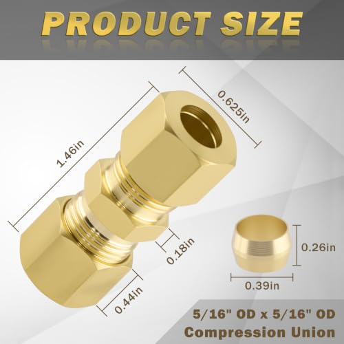 5/16" OD x 5/16" OD Brass Compression Union Fitting, 10 Pack Straight Tube Coupling Adapter with 10 Compression Ferrules for Ice Maker Water Plumbing - size: 10Pcs-5/16" Union