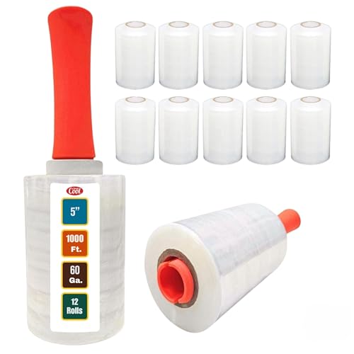 Simply Cool 12 Pack Mini Hand Stretch Wrap 5 Inch 1000Ft 60 Gauge 2 Handles - size: 5-inch w/ plastic handle