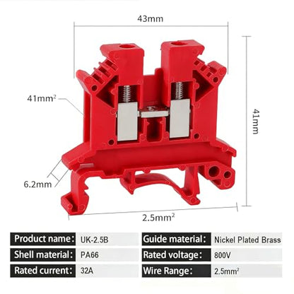 100PCS Red UK2.5B Terminal Block DIN Rail Terminal Blocks - Application for 12-22 AWG 800V Electrical Cabinets Distribution Box,Solar Power System,PLC Industrial Control Automation Panel DIY CNC RV - color: UK2.5B Red Terminal Block