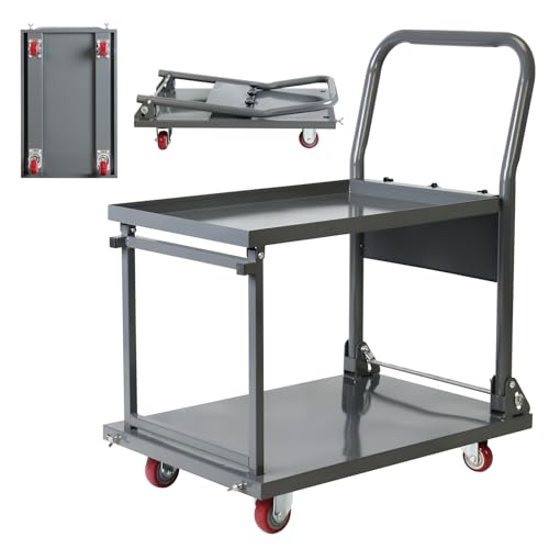 Heavy Duty Push Cart Dolly, 2 Tier Foldable Cart 28.75" X 18.5" X 34，800lbs Folding Cart with Wheels, Moving Flatbed Cart with Wheels for Warehouse, Garage, Workshop, Office