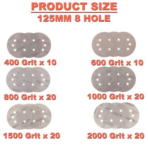 5 Inch 8 Hole Hook and Loop Sanding Discs: 100Pcs, 400-2000 Assorted Grit