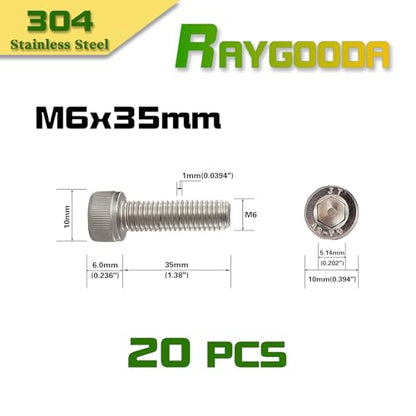 M6x1.0 x 35mm Socket Head Cap Screws Metric, 304 Stainless Steel (A2-70), Allen Socket Drive, Bright Finish, Full Thread, Rust & Corrosion Resistant, for Automotive, Machinery & DIY, 20 PCS - size: M6x35mm (20 PCS)
