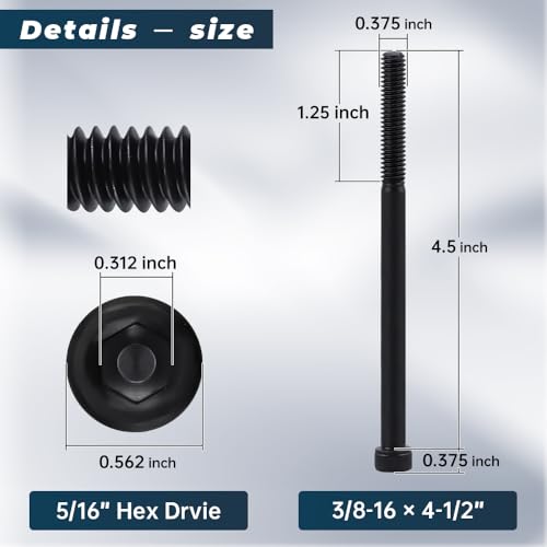 Glvaner 8-Pack 3/8-16 x 4-1/2" Socket Head Cap Screws, Grade 12.9 Alloy Steel, Black Oxide Finish, Partial Thread UNC, Allen Hex Drive - size: 3/8-16 x 4-1/2"