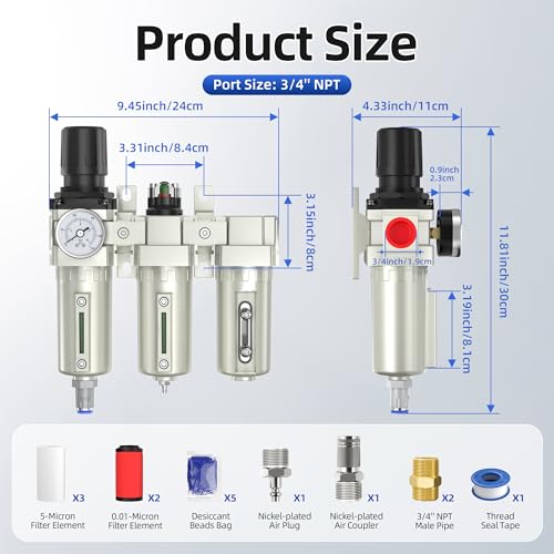 3/4" NPT Air Compressor Water Separator, Industrial Grade 3 Stage Air Drying System with 0-240 PSI Air Regulator, Particulate Filter, Coalescing Filter, Desiccant Dryer, Metal Bowl, Auto Drain - size: 3/4NPT