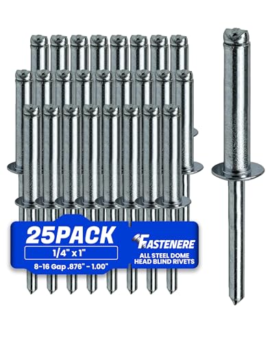 Fastenere Pop Rivets 1/4" x 1" (25 pcs) Aluminum Body Steel, Mandrel, Heavy Duty, Open End, Low Carbon, Dome Head Blind Rivets, Corrosion Resistant & High Shear Strength, 8-16 Gap .876" - 1.00" - size: 1/4" x 1" (8-16) (25 Pack)