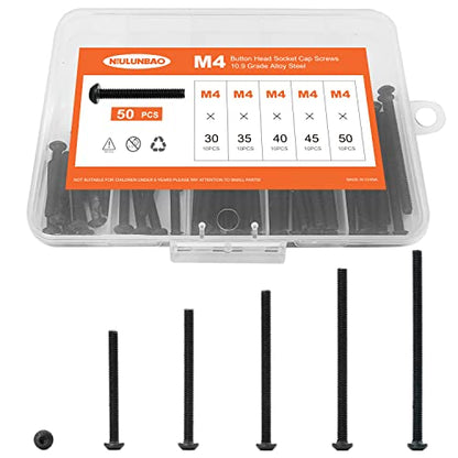 M4 x 30mm 35mm 40mm 45mm 50mm Button Head Socket Cap Screws Bolts, 10.9 Grade Alloy Steel Metric, Black Oxide Finish, Allen Hex Drive, Machine Fully Threaded, Assortment Kit 50PCS - size: M4 x 30/35/40/45/50mm (50PCS)