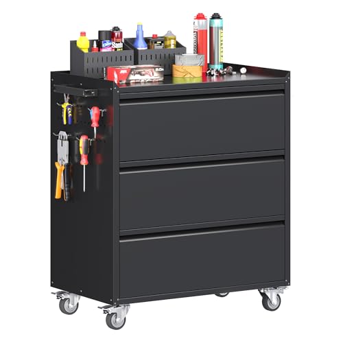 3 Drawer Metal Storage Cabinet, Lockable Garage Storage Cabinet with Wheels,Pegboard for Garage Home Warehouse, Assemble Required, Black - color: Black, size: 18.1"D x 30.3"W x 35.5"H