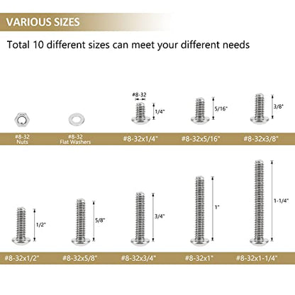 212 Pieces #8-32 x 1/4", 5/16", 3/8", 1/2", 5/8", 3/4", 1", 1-1/4", Button Head Socket Cap Screws Nuts Washers Assortment Kit, 304 Stainless Steel, Fully Machine Thread - size: #8-32, style: Button Head