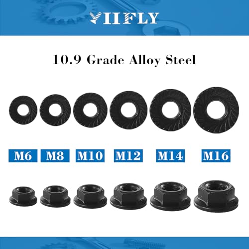 M10x1.5mm Metric Serrated Hex Flange Nuts, Grade 10.9 Alloy Steel, Heat Treated, Black Oxide Finish, 10PCS - color: Black, size: Black M10x 1.5mm