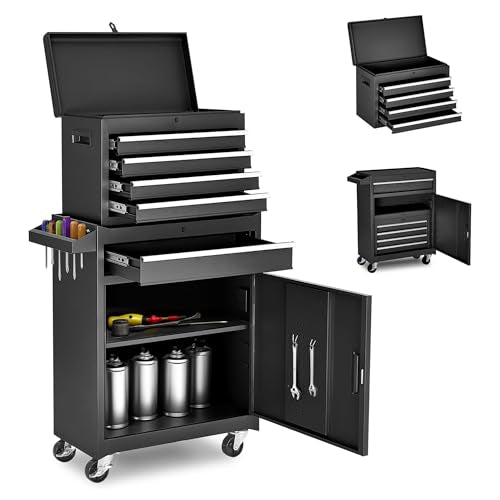 Tool Chest, 5-Drawer Rolling Tool Storage Cabinet with Detachable Top Tool Box, Liner, Universal Lockable Wheels, Adjustable Shelf, Locking Mechanism, Metal Tool Cart for Garage Workshop - color: 5-drawer Black-b