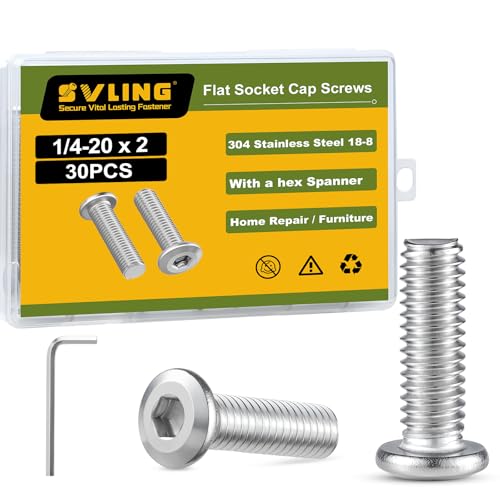 1/4-20 x 2 Bolt, 30PCS Flat Head Hex Socket Cap Screws Bolts, 304 Stainless Steel 18-8, Fully Threaded, with Hex Spanner - color: Silver, size: 1/4-20 x 2