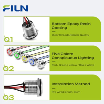 3PCS 19mm 20A Latching LED Push Button Switch IP67 12V-24V DC Red - color: Red Silver Shell, size: Latching