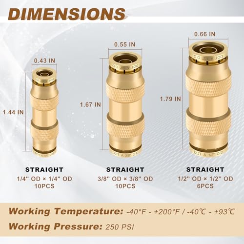 26PCS 1/4" 3/8" 1/2" Brass Dot Air Line Fittings Kit, Straight Union - size: 1/4" + 3/8" + 1/2"
