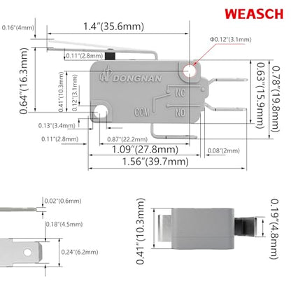 6 Pack Medium Hinge Lever Micro Switch, 16A 125/250V SPDT 1NO 1NC - size: V-152-1C25