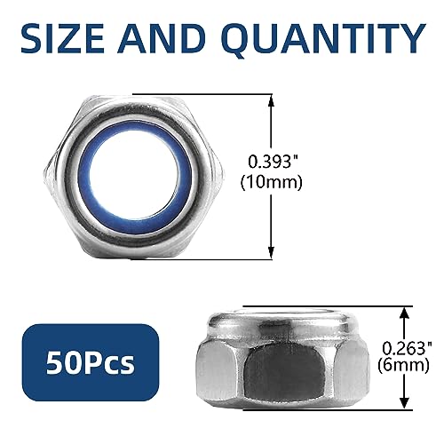 M6 x 1.0mm Nylon Insert Hex Lock Nuts 50Pcs 304 Stainless Steel Locknuts, Hex Drive, Bright Finish, by SG TZH - color: Silver, size: M6