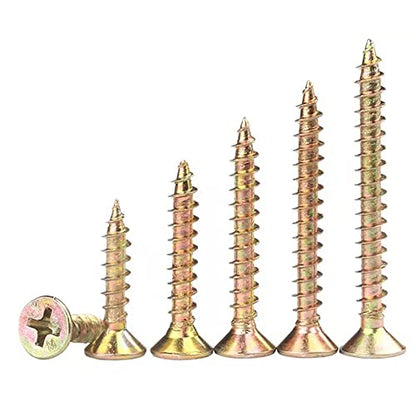 M4 Flat Head Wood Screws Assortment Kit 340 Pcs,Phillips Drive Countersunk Flat Head Self-Tapping Wood Screws,Yellow Zinc Plated Finish Screw Kit,Self Tapping Screws for Metal,Full Thread - style: M4 340PCS