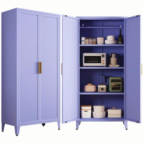 61" Tall Farmhouse Kitchen Pantry Cabinet, Purple Metal Storage Cabinet with 2 Louvered Doors & 3 Adjustable Shelves, Freestanding Cupboard with Legs for Entryway, Kids, Home, Room, Office - color: Lilac, style: Pantry-61"H-TW