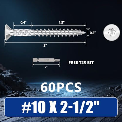 #10x2-1/2 inch Stainless Steel Deck Screws 60 PCS Wood Screws with T25 Bit - size: #10*2-1/2"-60pcs